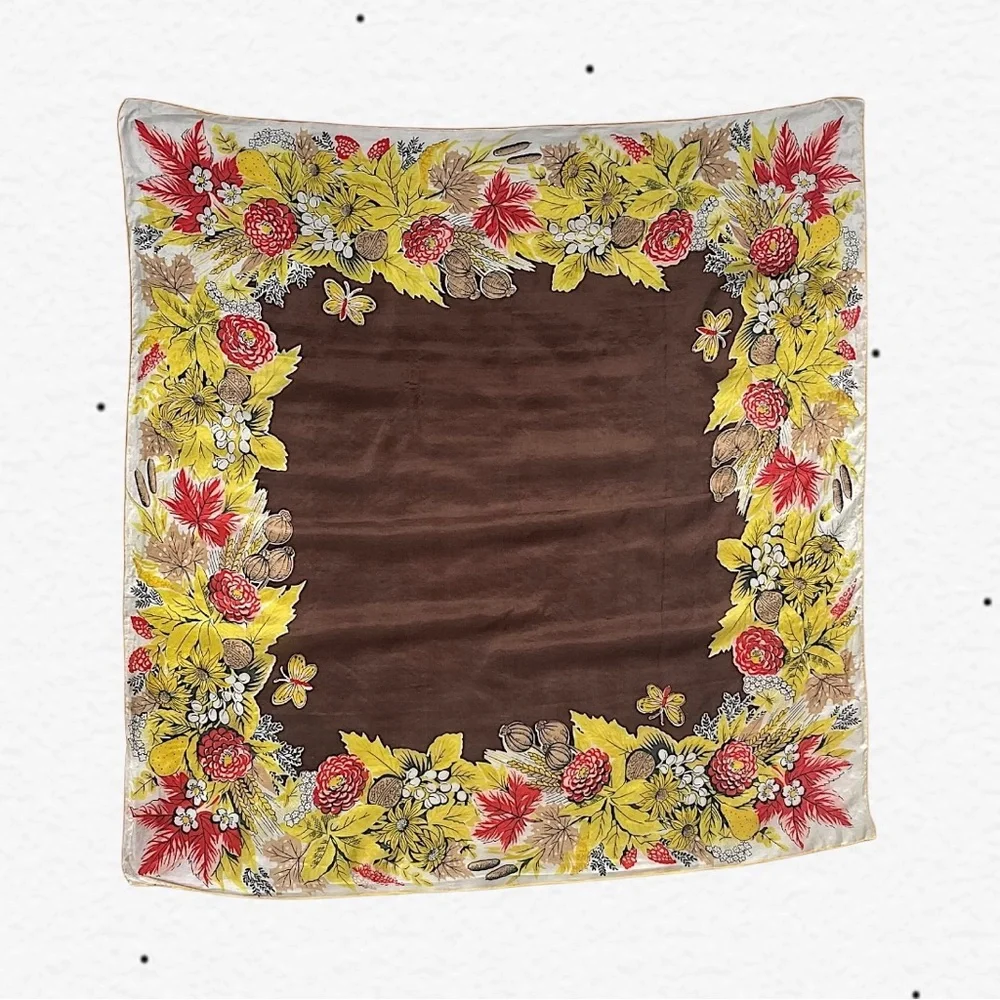 Luxury Floral Silk Scarf in Brown, Yellow & Red - Unbranded